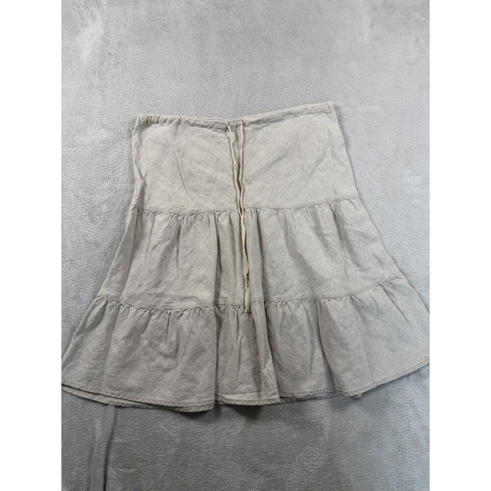 Vintage 90s Y2K Allen Allen Tan Khaki Linen Tiered Skirt L Modest Cottage Boho